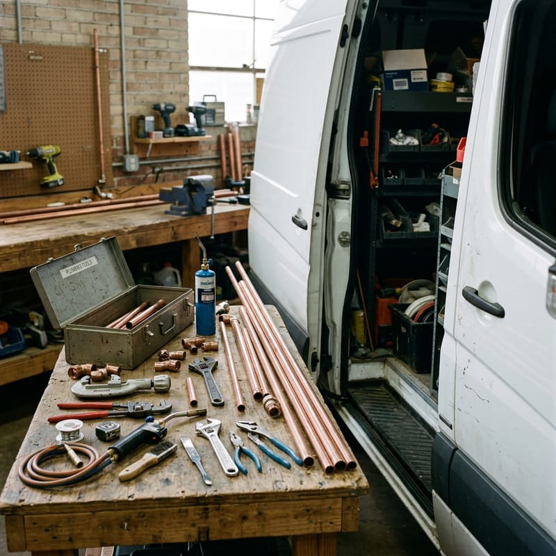 Copper pipes and tools on a plumber's bench